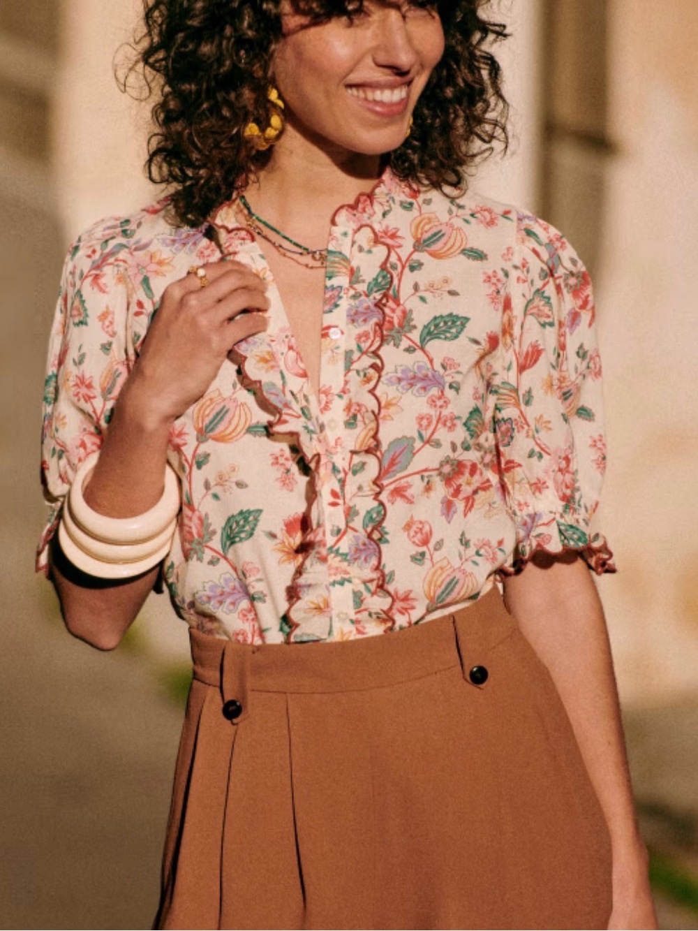 Sézane Floral Scalloped Ruffle Puff Sleeve Organic Cotton Blouse size 34